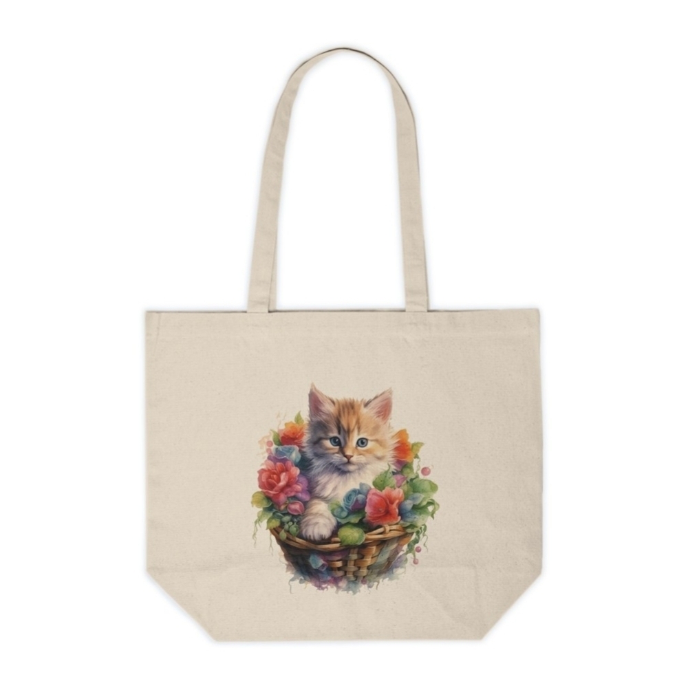 Floral Cat in a Basket Custom Canvas Tote Bag